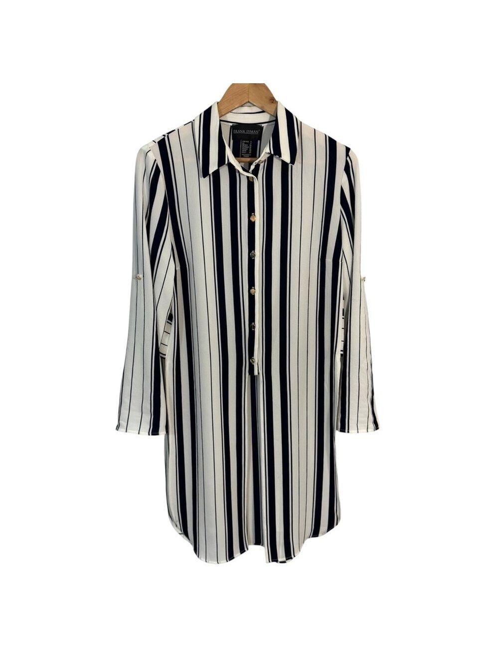 Frank Lyman Longline Striped Blouse Sz 6 White Blue Side Slit Shirt Office EUC